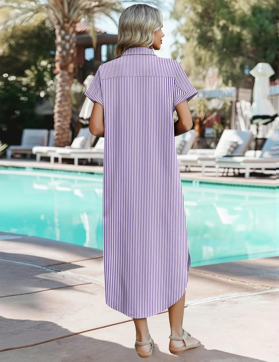 imageZeagoo Womens Dresses Casual Summer Short Sleeve Button Down Long Shirt Dresses Swimsuit Beach Cover Ups with PocketsPurple Stripe