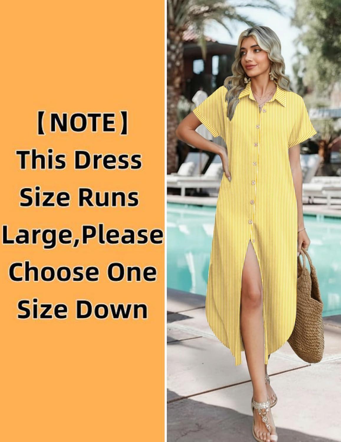 imageZeagoo Womens Dresses Casual Summer Short Sleeve Button Down Long Shirt Dresses Swimsuit Beach Cover Ups with PocketsYellow Stripe