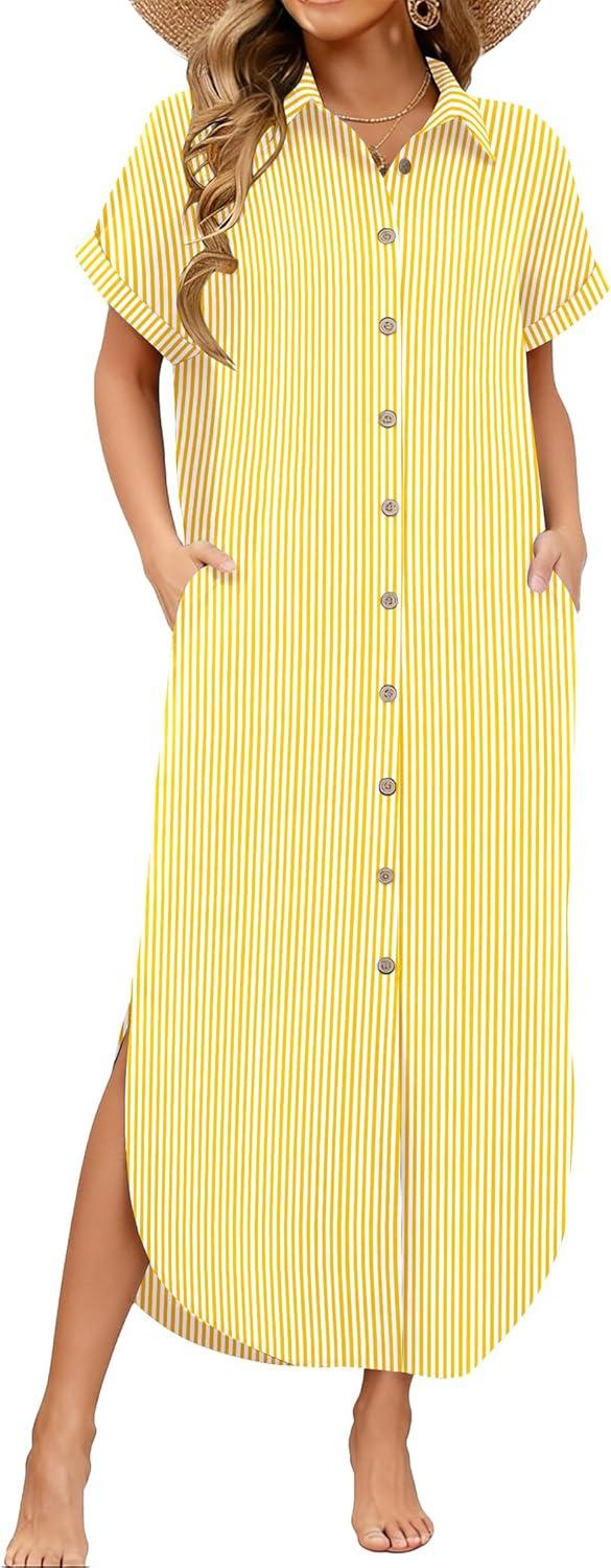 imageZeagoo Womens Dresses Casual Summer Short Sleeve Button Down Long Shirt Dresses Swimsuit Beach Cover Ups with PocketsYellow Stripe