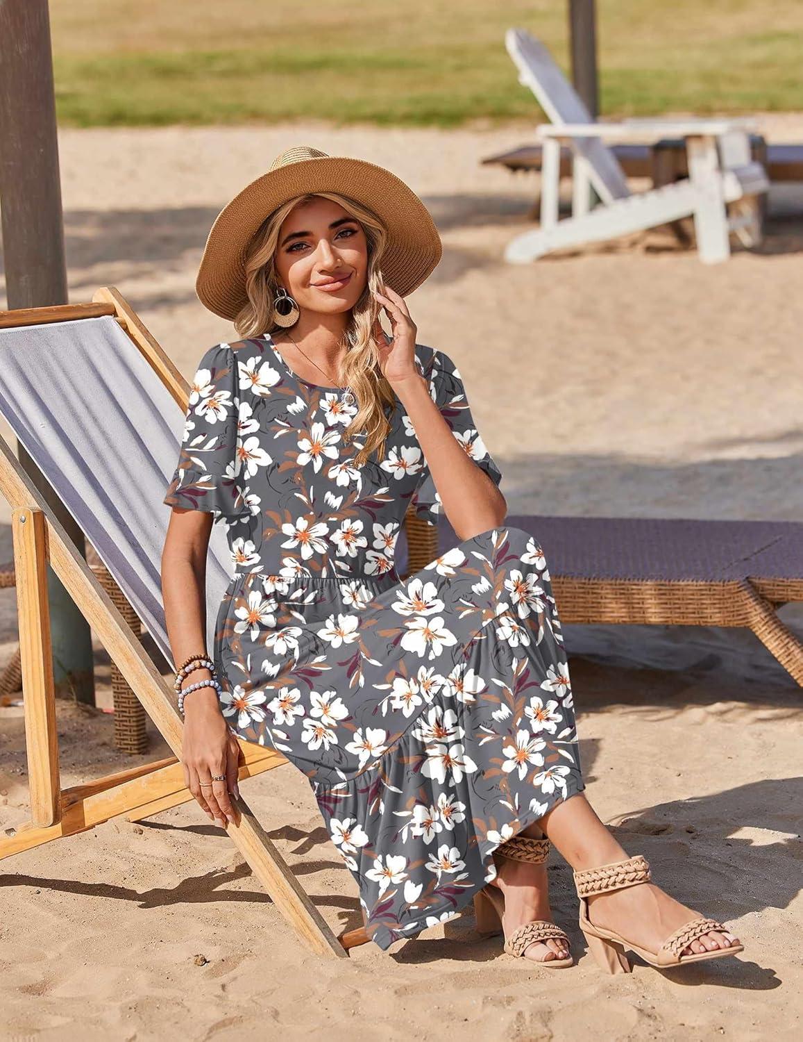 imageZeagoo Womens Summer Dresses 2026 Casual Midi Dress Flowy Sundress Ruffle Short Sleeve Tiered Dresses A Line Boho DressGrey Flower