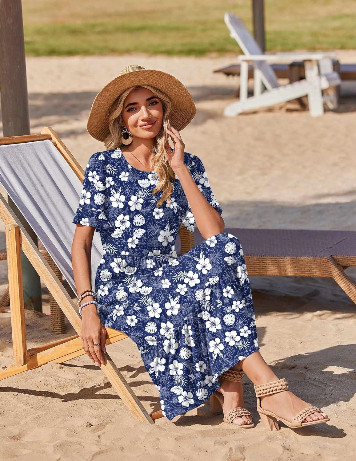 imageZeagoo Womens Summer Dresses 2026 Casual Midi Dress Flowy Sundress Ruffle Short Sleeve Tiered Dresses A Line Boho DressNavy Floral 03