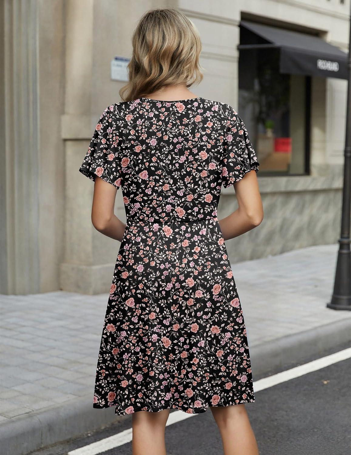 imageZeagoo Womens Summer Dresses Wrap V Neck Dress Floral ALine Ruffle Sleeve Casual Sundress with Pockets 2026Black Floral