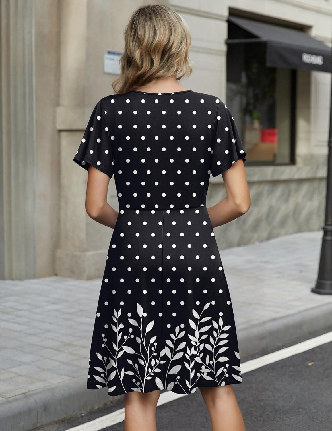 imageZeagoo Womens Summer Dresses Wrap V Neck Dress Floral ALine Ruffle Sleeve Casual Sundress with Pockets 2026Black Polka Dots