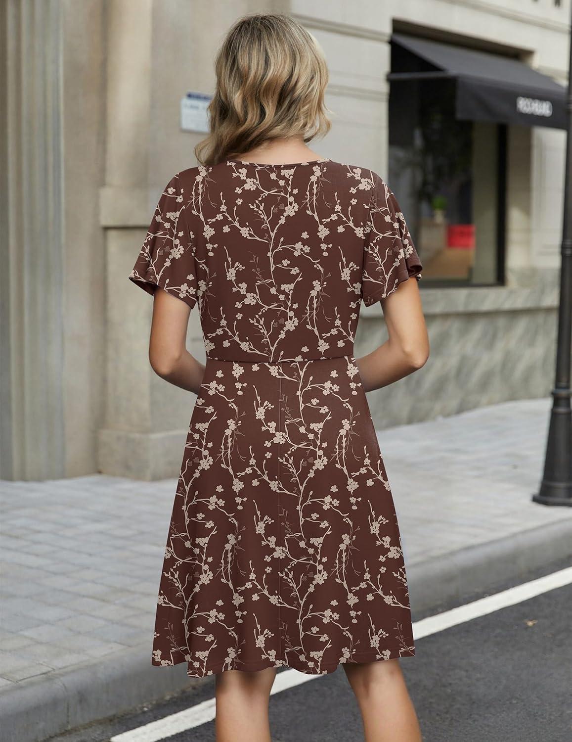 imageZeagoo Womens Summer Dresses Wrap V Neck Dress Floral ALine Ruffle Sleeve Casual Sundress with Pockets 2026Brown Floral