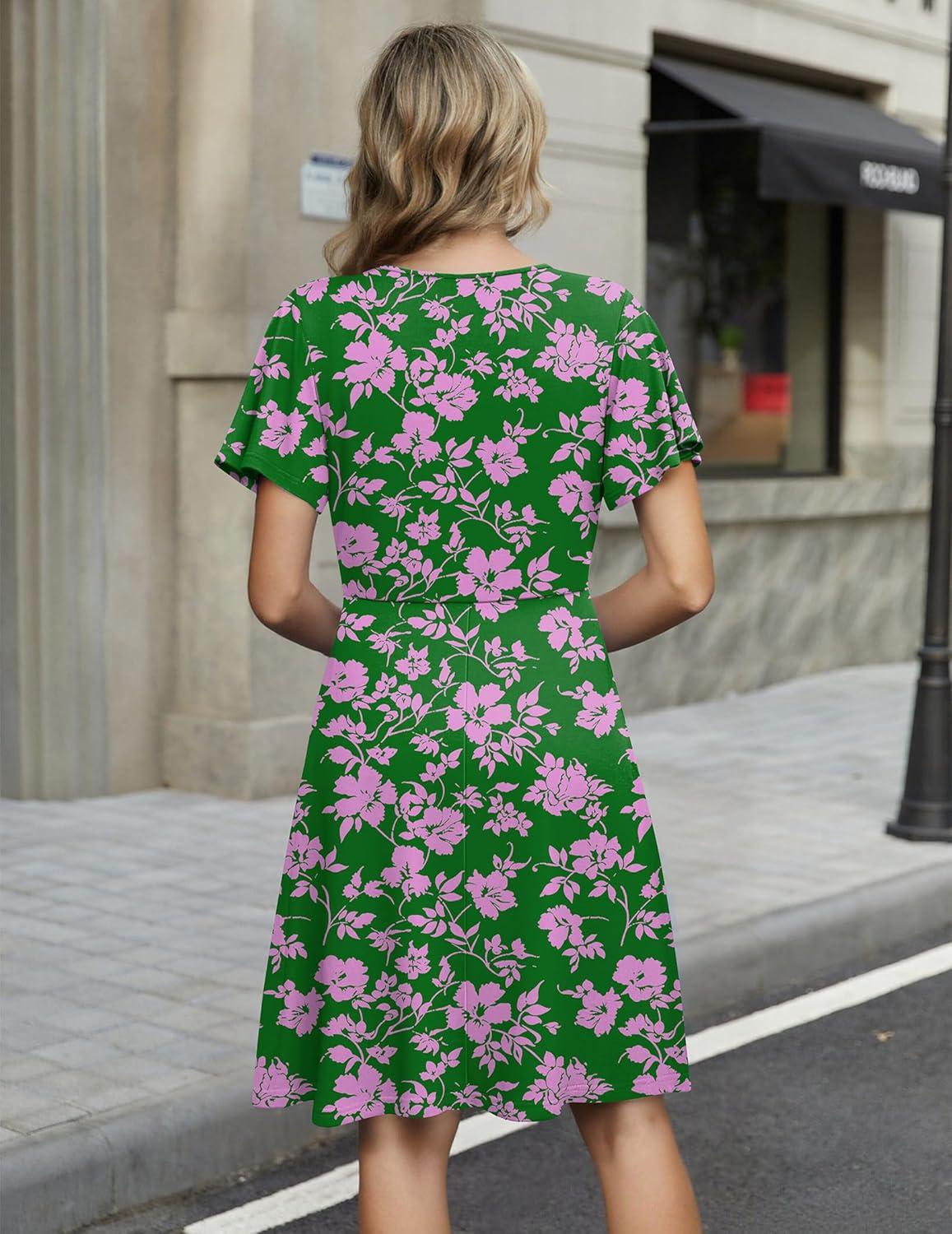 imageZeagoo Womens Summer Dresses Wrap V Neck Dress Floral ALine Ruffle Sleeve Casual Sundress with Pockets 2026Greenpink