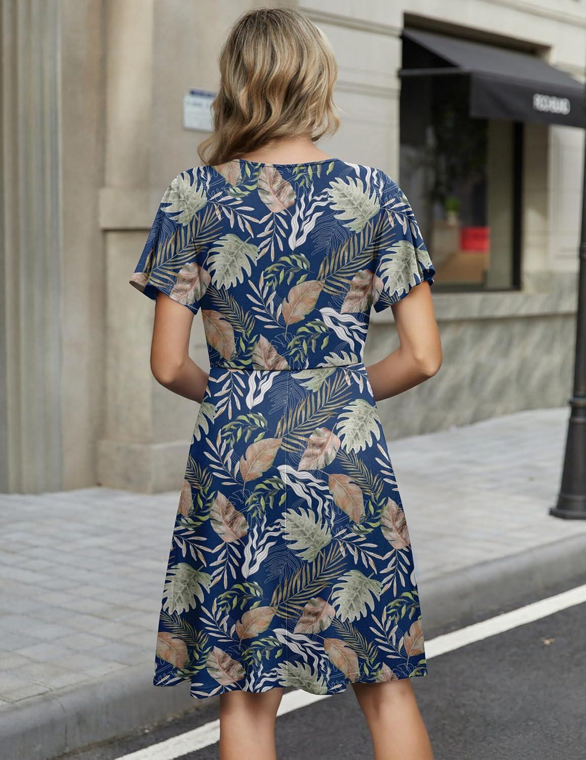 imageZeagoo Womens Summer Dresses Wrap V Neck Dress Floral ALine Ruffle Sleeve Casual Sundress with Pockets 2026Leaf Floral