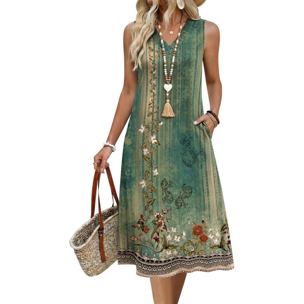 imageZeagoo Sundresses Dresses for Women 2026 Summer Sleeveless V Neck Casual Midi Tank Beach Vacation Dresses with PocketsMz840