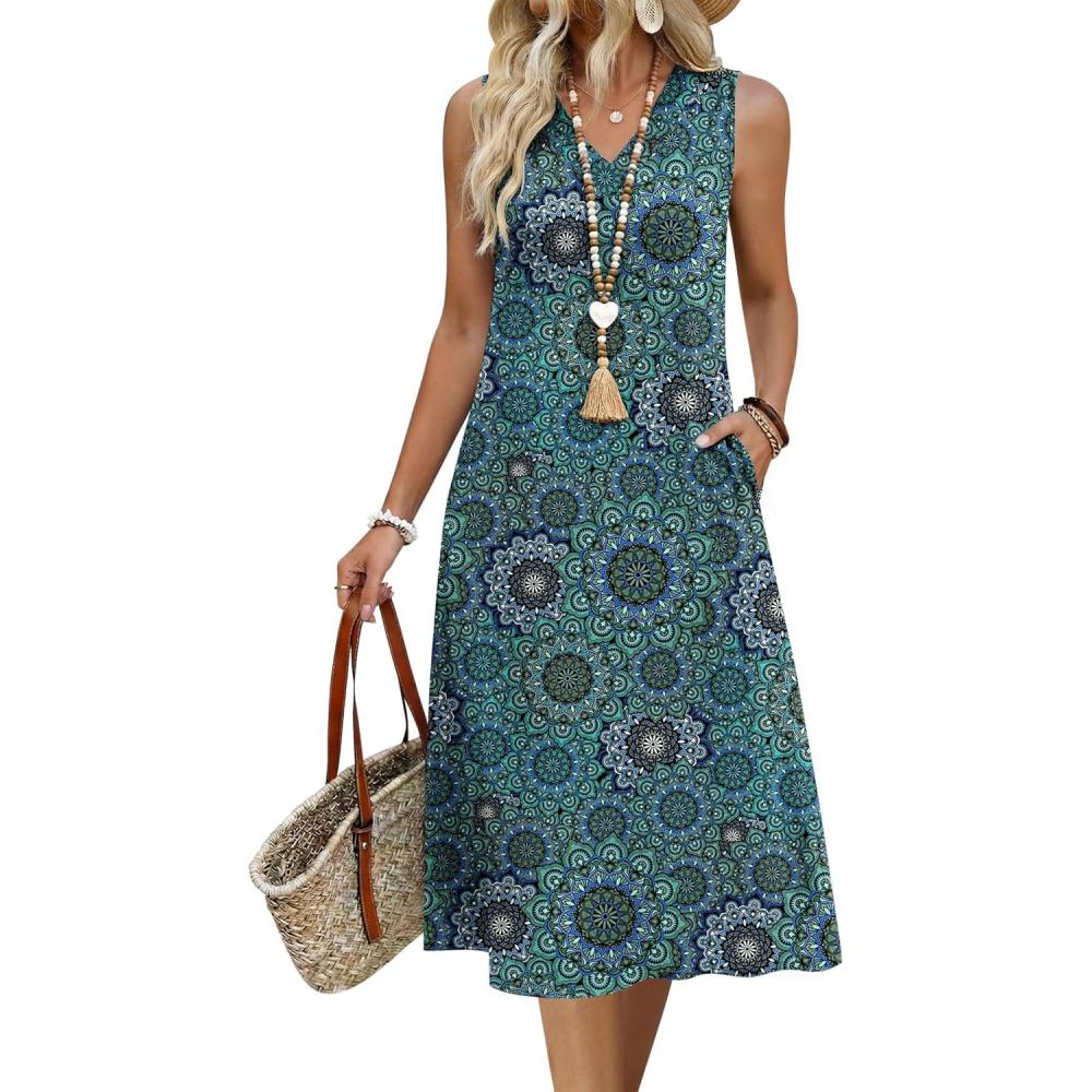 imageZeagoo Sundresses Dresses for Women 2026 Summer Sleeveless V Neck Casual Midi Tank Beach Vacation Dresses with PocketsMz911