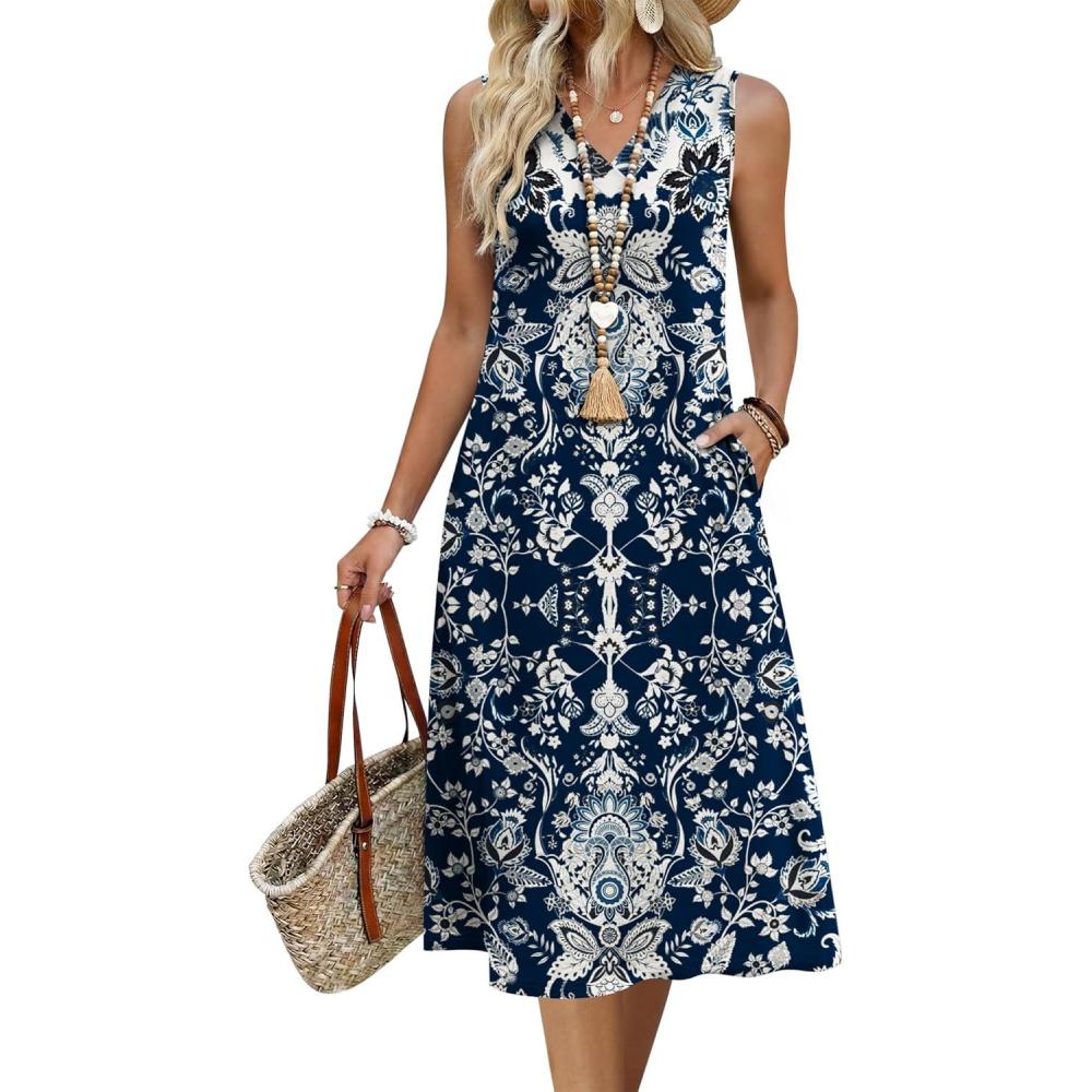 imageZeagoo Sundresses Dresses for Women 2026 Summer Sleeveless V Neck Casual Midi Tank Beach Vacation Dresses with PocketsMz924
