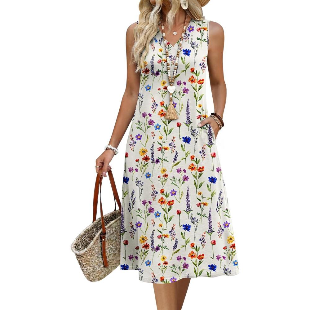 imageZeagoo Sundresses Dresses for Women 2026 Summer Sleeveless V Neck Casual Midi Tank Beach Vacation Dresses with PocketsWf109