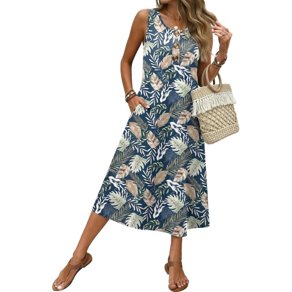 imageZeagoo Women Beach Summer Midi Dress 2026 Sleeveless Casual Beachy Sundress Button Down Loose Tank Dresses with PocketsBlue Leaves