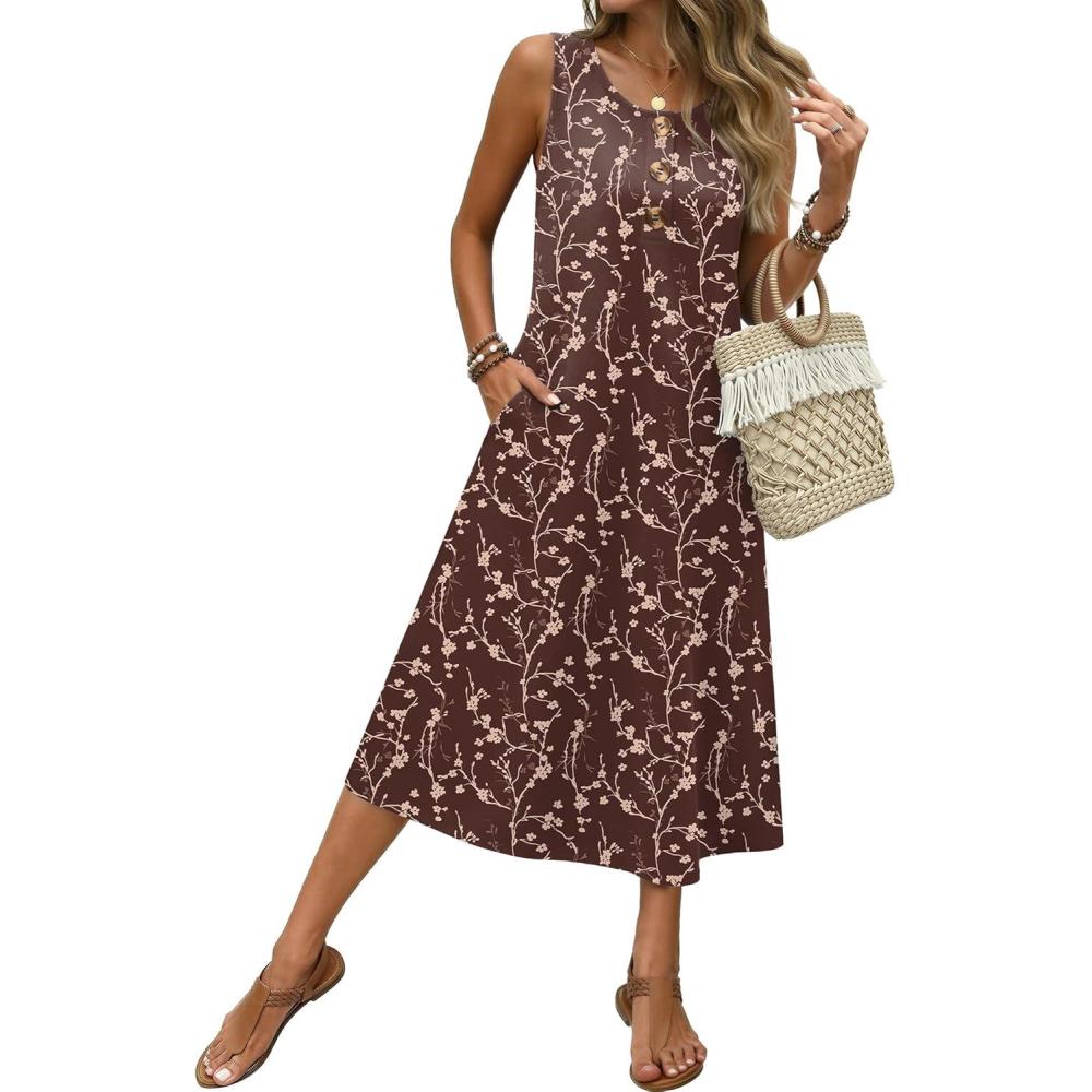 imageZeagoo Women Beach Summer Midi Dress 2026 Sleeveless Casual Beachy Sundress Button Down Loose Tank Dresses with PocketsCoffee