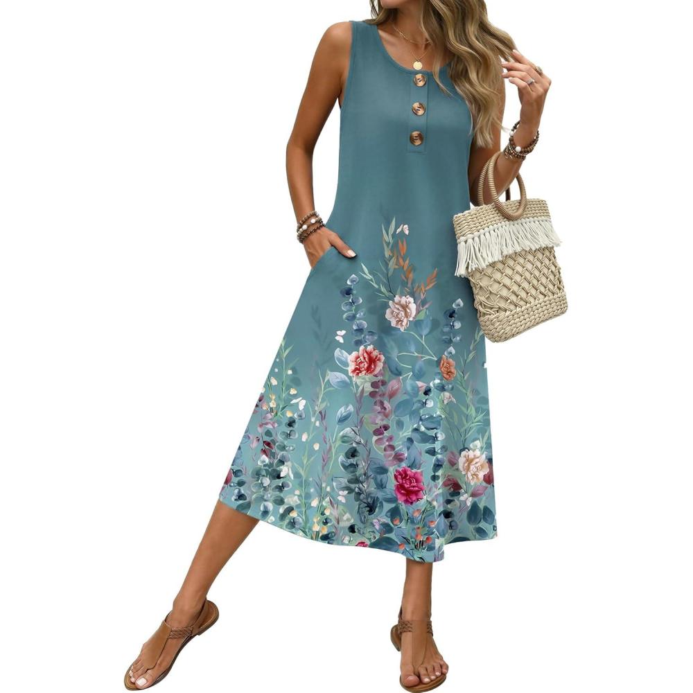 imageZeagoo Women Beach Summer Midi Dress 2026 Sleeveless Casual Beachy Sundress Button Down Loose Tank Dresses with PocketsFloral Gray Green