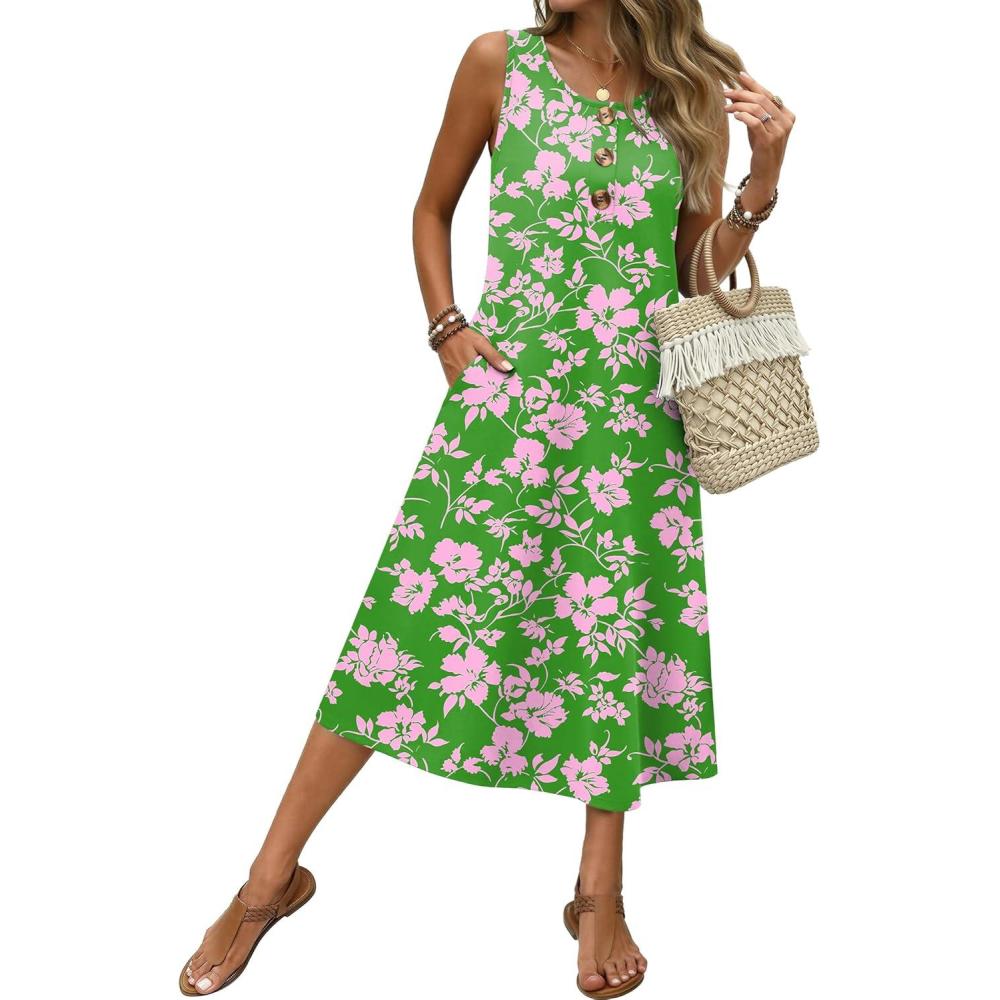 imageZeagoo Women Beach Summer Midi Dress 2026 Sleeveless Casual Beachy Sundress Button Down Loose Tank Dresses with PocketsGreen Pink