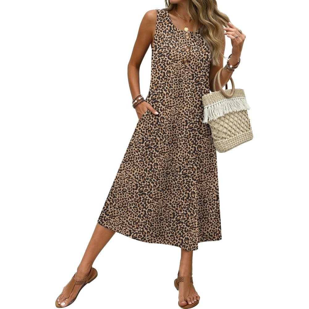 imageZeagoo Women Beach Summer Midi Dress 2026 Sleeveless Casual Beachy Sundress Button Down Loose Tank Dresses with PocketsLeopard Print
