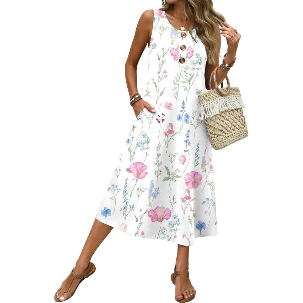 imageZeagoo Women Beach Summer Midi Dress 2026 Sleeveless Casual Beachy Sundress Button Down Loose Tank Dresses with PocketsPink Flowers