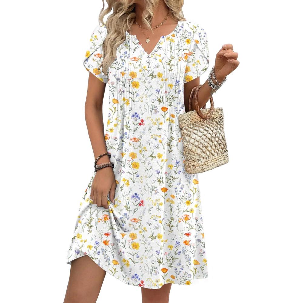 imageZeagoo Womens Casual Dresses with Pockets Summer Floral VNeck ALine Tshirt Dress Short Sleeve Mini Dress Beach SundressA02white Floral