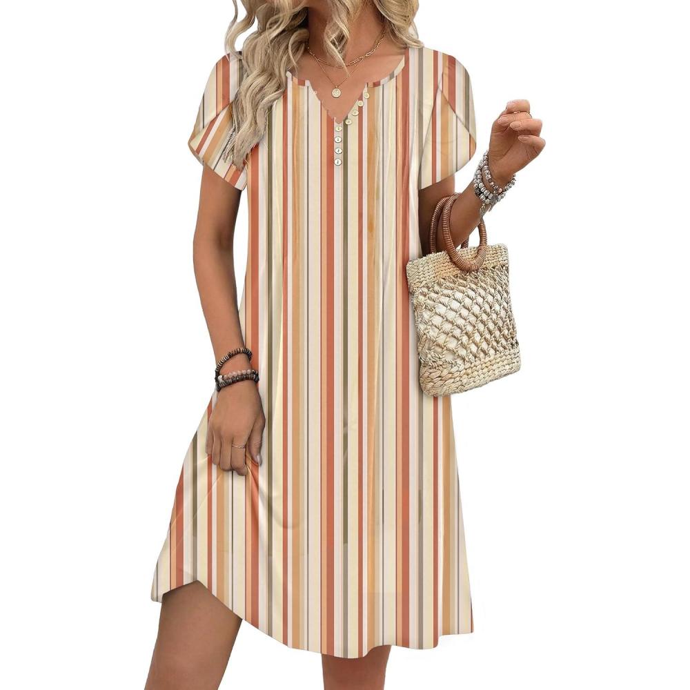 imageZeagoo Womens Casual Dresses with Pockets Summer Floral VNeck ALine Tshirt Dress Short Sleeve Mini Dress Beach SundressKhaki Stripe