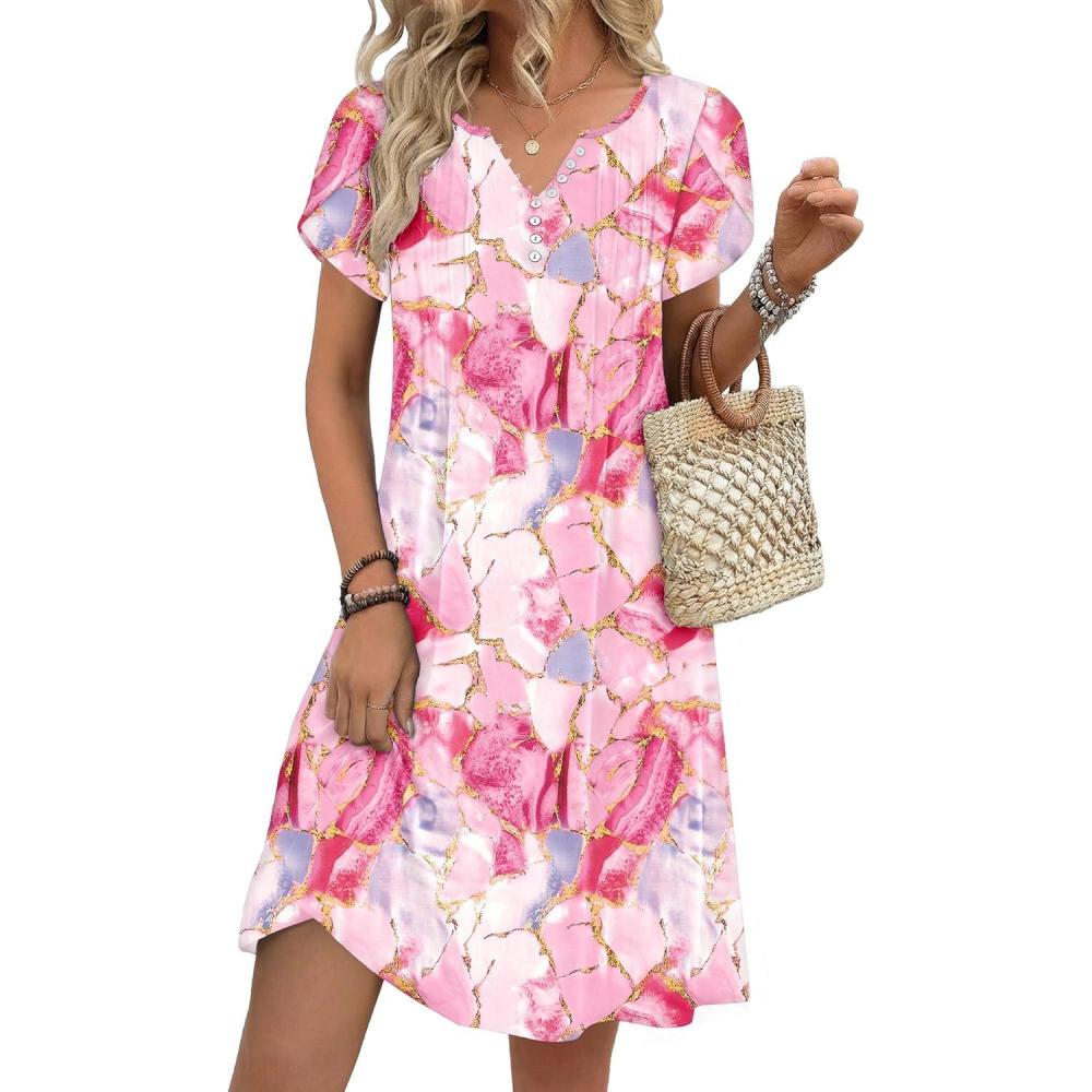 imageZeagoo Womens Casual Dresses with Pockets Summer Floral VNeck ALine Tshirt Dress Short Sleeve Mini Dress Beach SundressPink Marble Printed