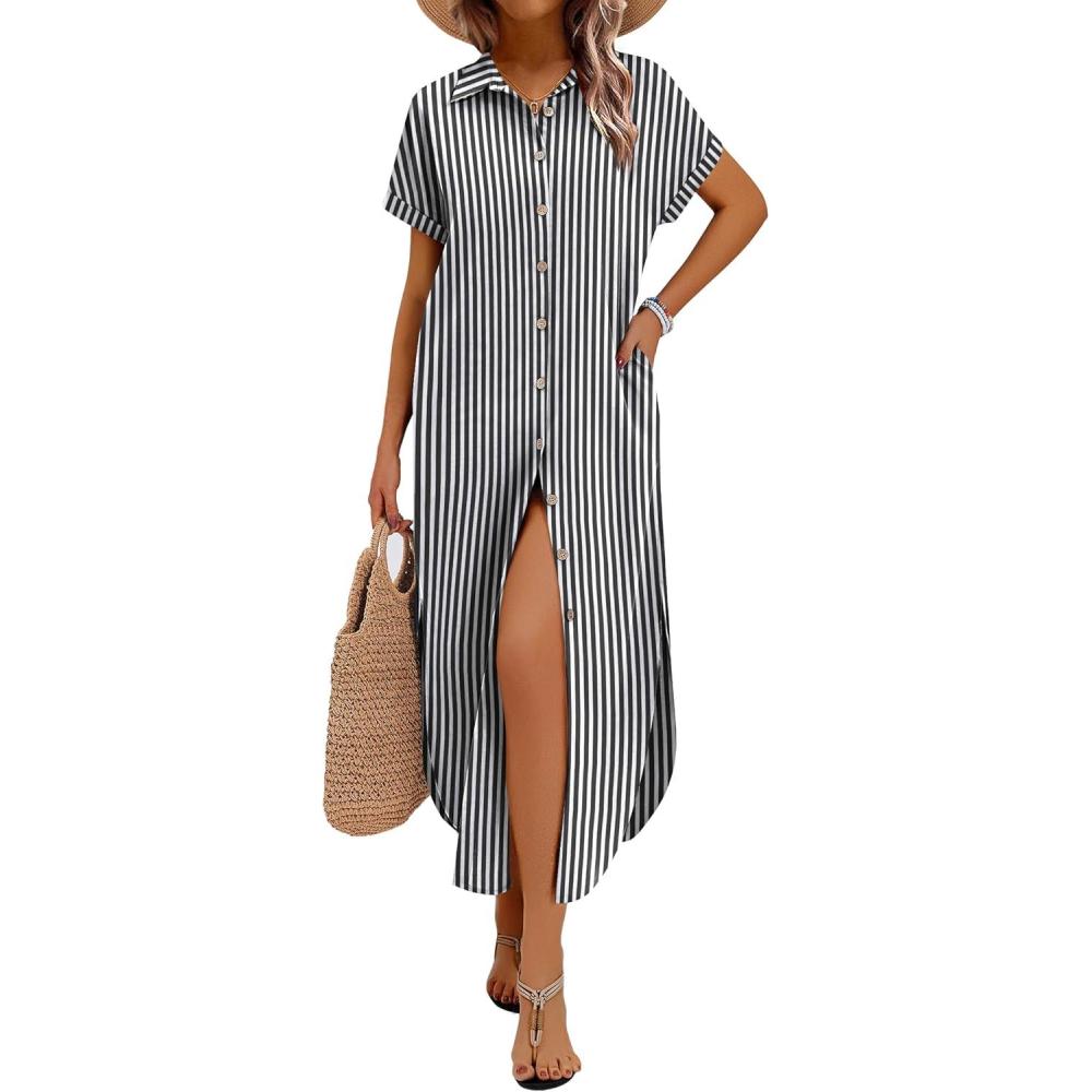 imageZeagoo Womens Dresses Casual Summer Short Sleeve Button Down Long Shirt Dresses Swimsuit Beach Cover Ups with Pockets01black Stripe
