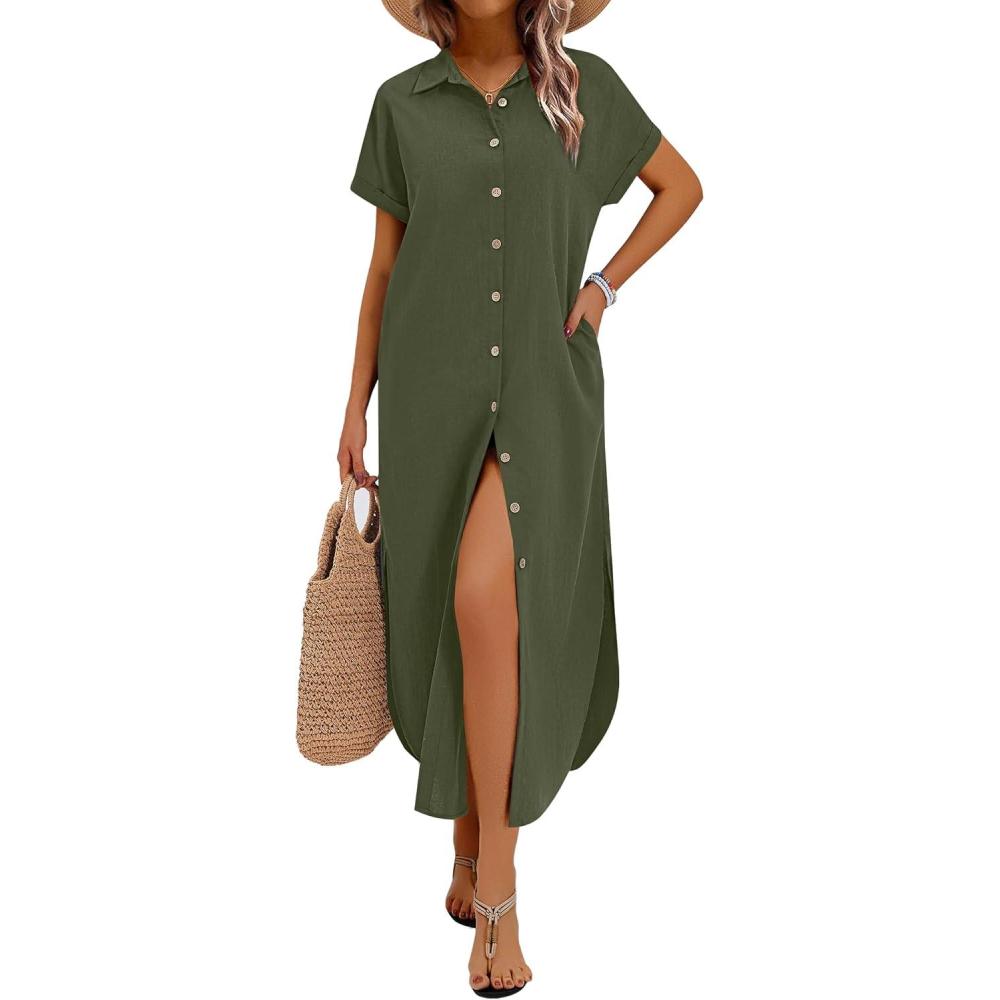 imageZeagoo Womens Dresses Casual Summer Short Sleeve Button Down Long Shirt Dresses Swimsuit Beach Cover Ups with PocketsArmy Green