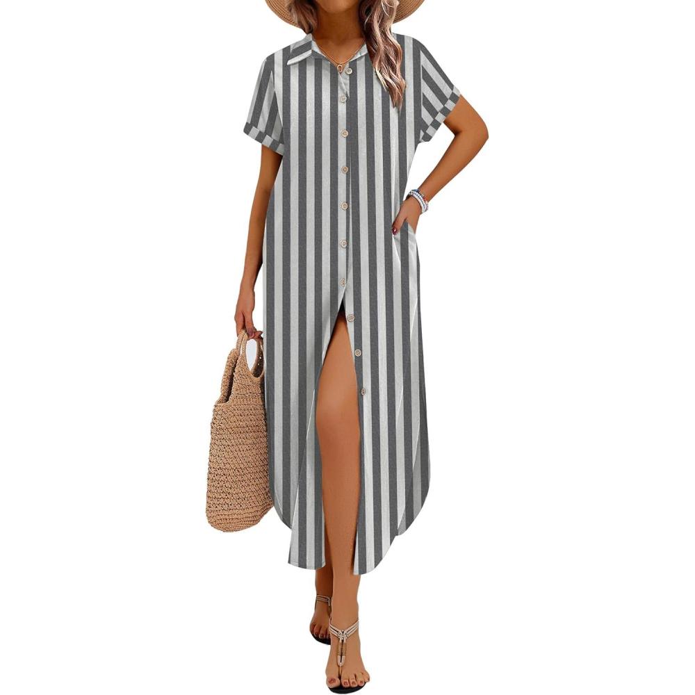 imageZeagoo Womens Dresses Casual Summer Short Sleeve Button Down Long Shirt Dresses Swimsuit Beach Cover Ups with PocketsBlack Wide Stripes