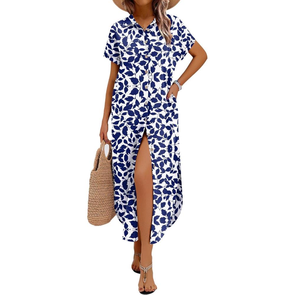 imageZeagoo Womens Dresses Casual Summer Short Sleeve Button Down Long Shirt Dresses Swimsuit Beach Cover Ups with PocketsBlue Floral