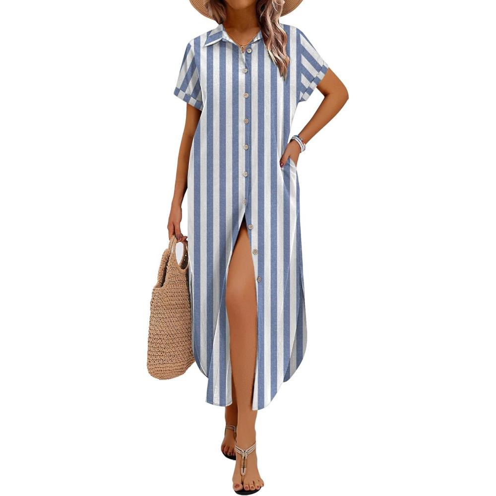 imageZeagoo Womens Dresses Casual Summer Short Sleeve Button Down Long Shirt Dresses Swimsuit Beach Cover Ups with PocketsBlue Wide Stripes
