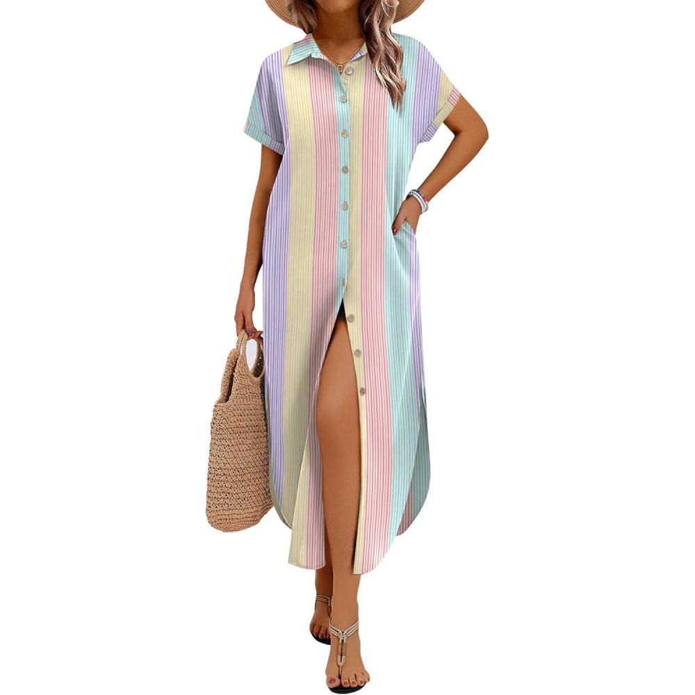 imageZeagoo Womens Dresses Casual Summer Short Sleeve Button Down Long Shirt Dresses Swimsuit Beach Cover Ups with PocketsColor Stripe