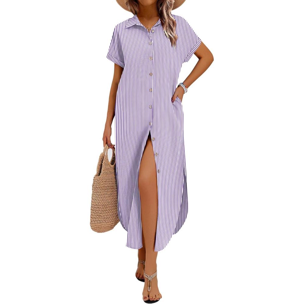 imageZeagoo Womens Dresses Casual Summer Short Sleeve Button Down Long Shirt Dresses Swimsuit Beach Cover Ups with PocketsPurple Stripe