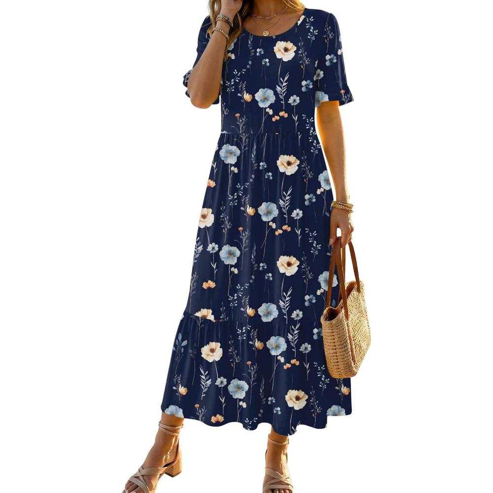 imageZeagoo Womens Summer Dresses 2026 Casual Midi Dress Flowy Sundress Ruffle Short Sleeve Tiered Dresses A Line Boho DressAnavy Floral 01