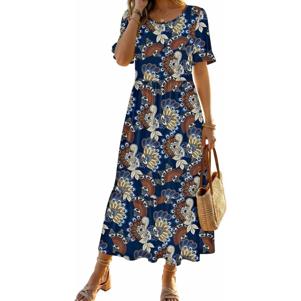 imageZeagoo Womens Summer Dresses 2026 Casual Midi Dress Flowy Sundress Ruffle Short Sleeve Tiered Dresses A Line Boho DressBoho Printed