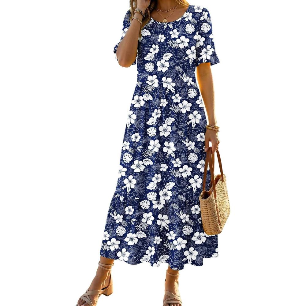 imageZeagoo Womens Summer Dresses 2026 Casual Midi Dress Flowy Sundress Ruffle Short Sleeve Tiered Dresses A Line Boho DressNavy Floral 03