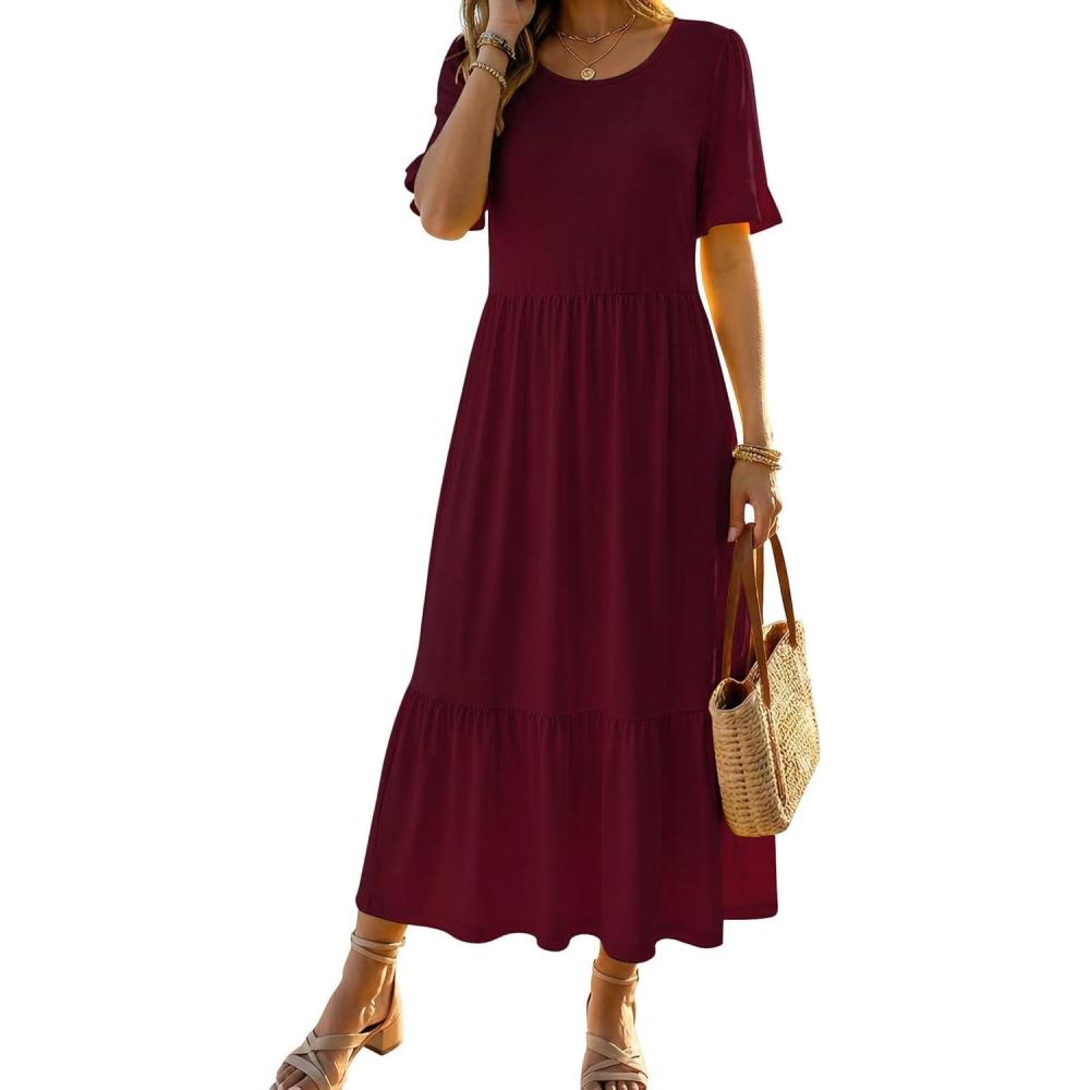 imageZeagoo Womens Summer Dresses 2026 Casual Midi Dress Flowy Sundress Ruffle Short Sleeve Tiered Dresses A Line Boho DressWine Red