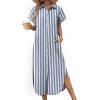 Zeagoo Womens Dresses Casual Summer Short Sleeve Button Down Long Shirt Dresses Swimsuit Beach Cover Ups with Pockets(Blue Wide Stripes)