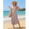 Zeagoo Womens Dresses Casual Summer Short Sleeve Button Down Long Shirt Dresses Swimsuit Beach Cover Ups with Pockets(Brown Stripe)