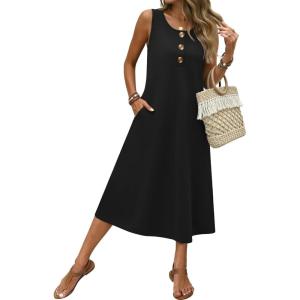 Zeagoo Women Beach Summer Midi Dress 2026 Sleeveless Casual Beachy Sundress Button Down Loose Tank Dresses with Pockets(Black)