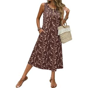 Zeagoo Women Beach Summer Midi Dress 2026 Sleeveless Casual Beachy Sundress Button Down Loose Tank Dresses with Pockets(Coffee)
