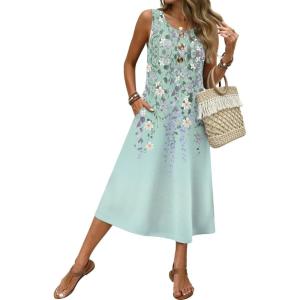 Zeagoo Women Beach Summer Midi Dress 2026 Sleeveless Casual Beachy Sundress Button Down Loose Tank Dresses with Pockets(Floral Green)