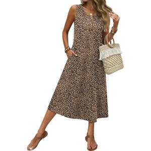 Zeagoo Women Beach Summer Midi Dress 2026 Sleeveless Casual Beachy Sundress Button Down Loose Tank Dresses with Pockets(Leopard Print)
