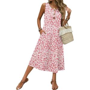 Zeagoo Women Beach Summer Midi Dress 2026 Sleeveless Casual Beachy Sundress Button Down Loose Tank Dresses with Pockets(Pink White)