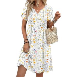Zeagoo Women’s Casual Dresses with Pockets Summer Floral V-Neck A-Line Tshirt Dress Short Sleeve Mini Dress Beach Sundress(A02-white Floral)