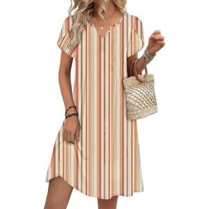 Zeagoo Women’s Casual Dresses with Pockets Summer Floral V-Neck A-Line Tshirt Dress Short Sleeve Mini Dress Beach Sundress(Khaki Stripe)