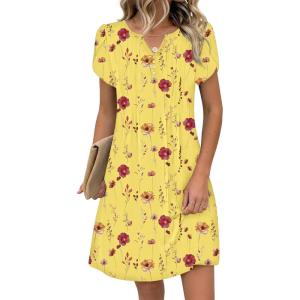 Zeagoo Women’s Casual Dresses with Pockets Summer Floral V-Neck A-Line Tshirt Dress Short Sleeve Mini Dress Beach Sundress(Yellow Floral)