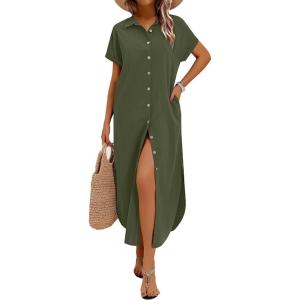 Zeagoo Womens Dresses Casual Summer Short Sleeve Button Down Long Shirt Dresses Swimsuit Beach Cover Ups with Pockets(Army Green)