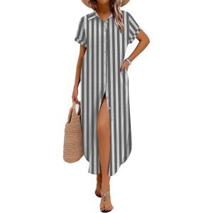 Zeagoo Womens Dresses Casual Summer Short Sleeve Button Down Long Shirt Dresses Swimsuit Beach Cover Ups with Pockets(Black Wide Stripes)