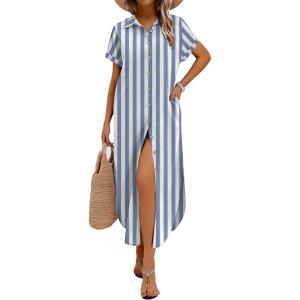 Zeagoo Womens Dresses Casual Summer Short Sleeve Button Down Long Shirt Dresses Swimsuit Beach Cover Ups with Pockets(Blue Wide Stripes)