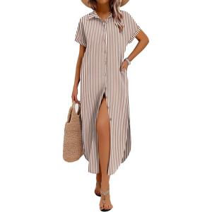 Zeagoo Womens Dresses Casual Summer Short Sleeve Button Down Long Shirt Dresses Swimsuit Beach Cover Ups with Pockets(Brown Stripe)