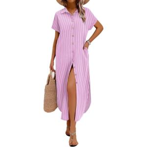 Zeagoo Womens Dresses Casual Summer Short Sleeve Button Down Long Shirt Dresses Swimsuit Beach Cover Ups with Pockets(Pink Stripe)