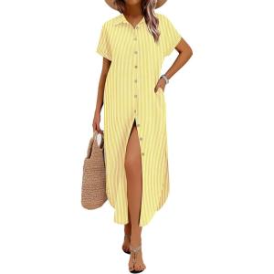 Zeagoo Womens Dresses Casual Summer Short Sleeve Button Down Long Shirt Dresses Swimsuit Beach Cover Ups with Pockets(Yellow Stripe)